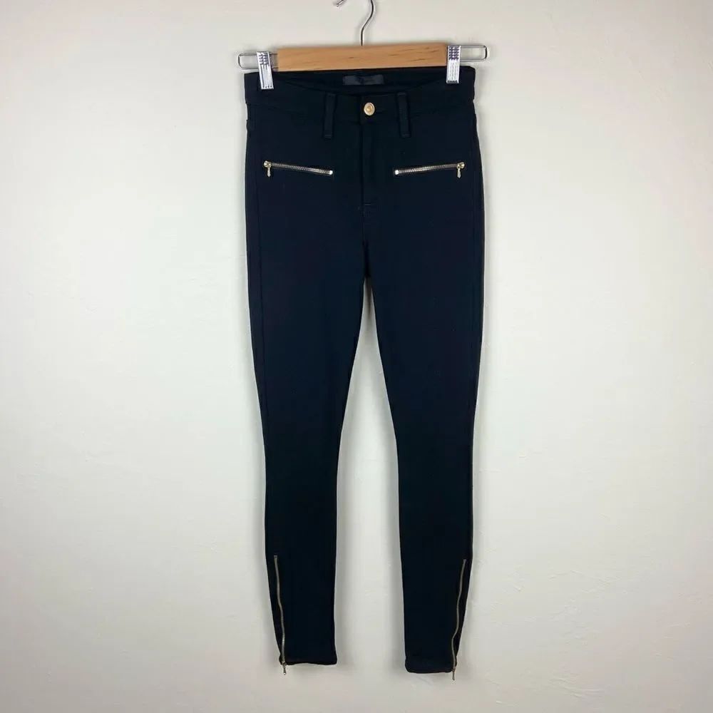 7 For All Mankind Viscose Stretch Gold Zipper Moto Pant - Black